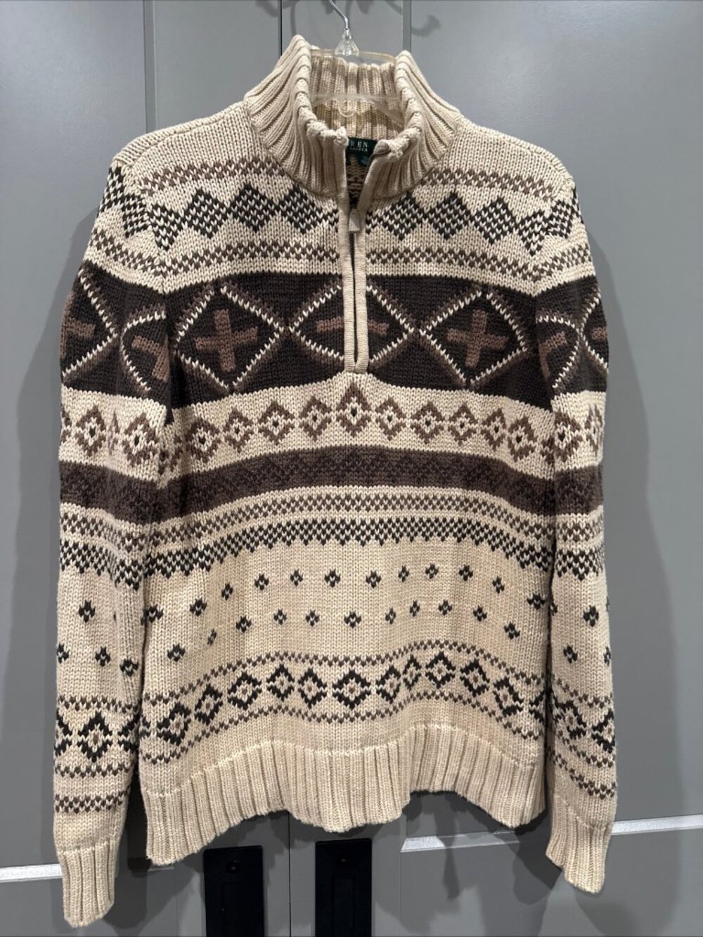 Vintage Polo Ralph Lauren Cotton Cable Knit Ski Sweater Front Zip Womens XL